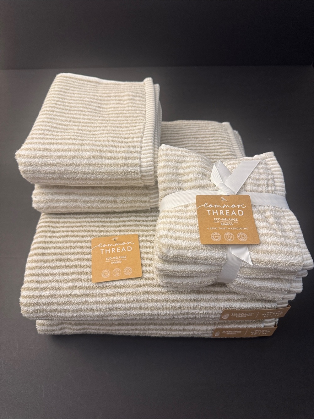 8pc COMMON THREAD Eco-Melange Bamboo/Zero Twist Cotton Striped Bath Towel Set